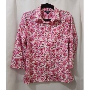 Lands End No Iron Supima Shirt 14 Pink Floral 3/4 Sleeve Button Up Collar